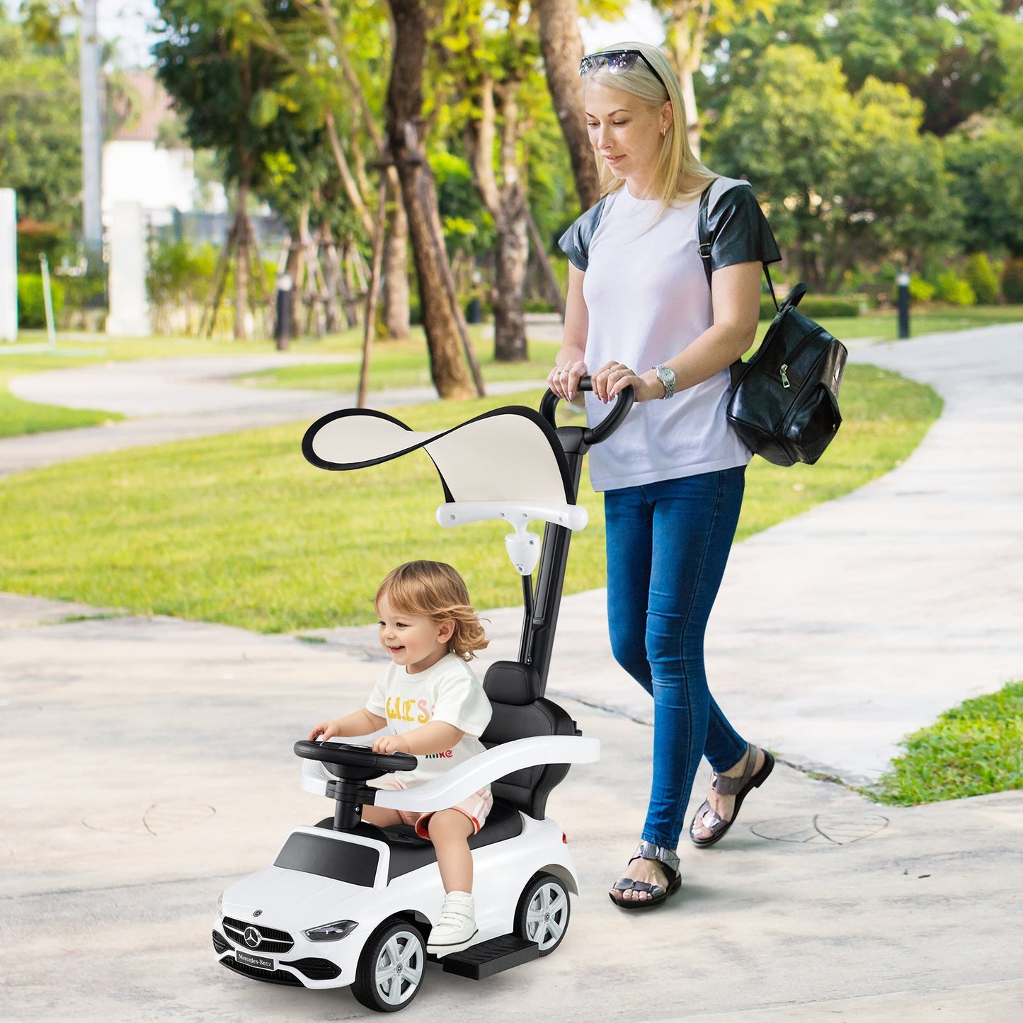 3-in-1 Ride on Push Car Mercedes-Benz Licensed Sliding Car with Canopy-White