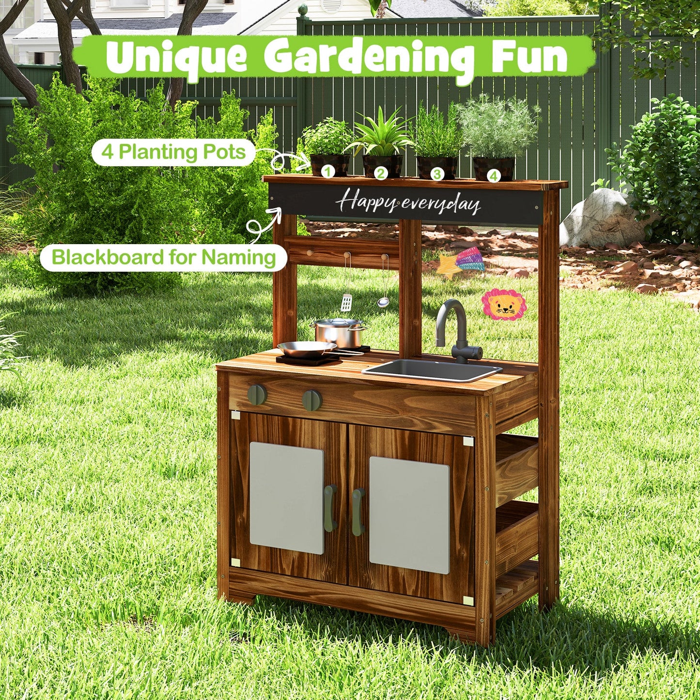 Mud Kitchen Fir Wood Play Kitchen with 4 Panting Pots Faucet Removable Sink-Natural